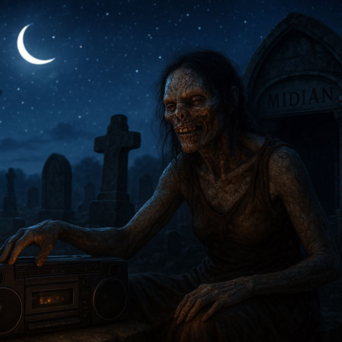 Immagine di fantasia creata con l'intelligenza artificiale che mostra un demone della notte mentre ascolta i Fear Funeral in un cimitero