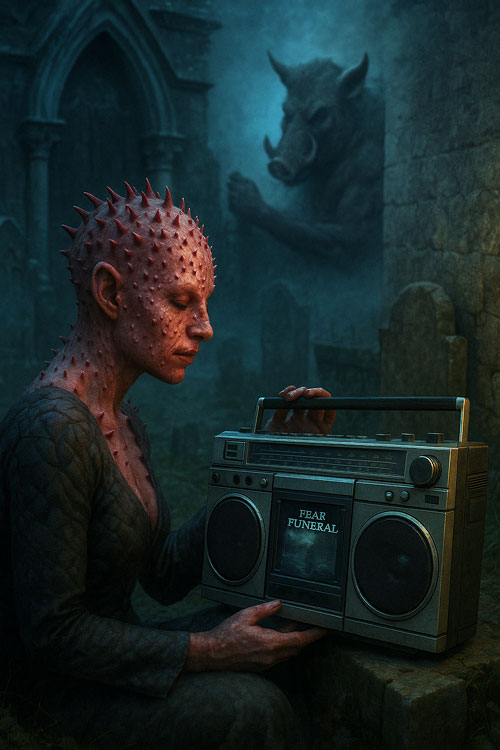 Immagine di fantasia creata con l'intelligenza artificiale che mostra il demone Christine (Shuna Sassi) mentre ascolta i Fear Funeral in un cimitero